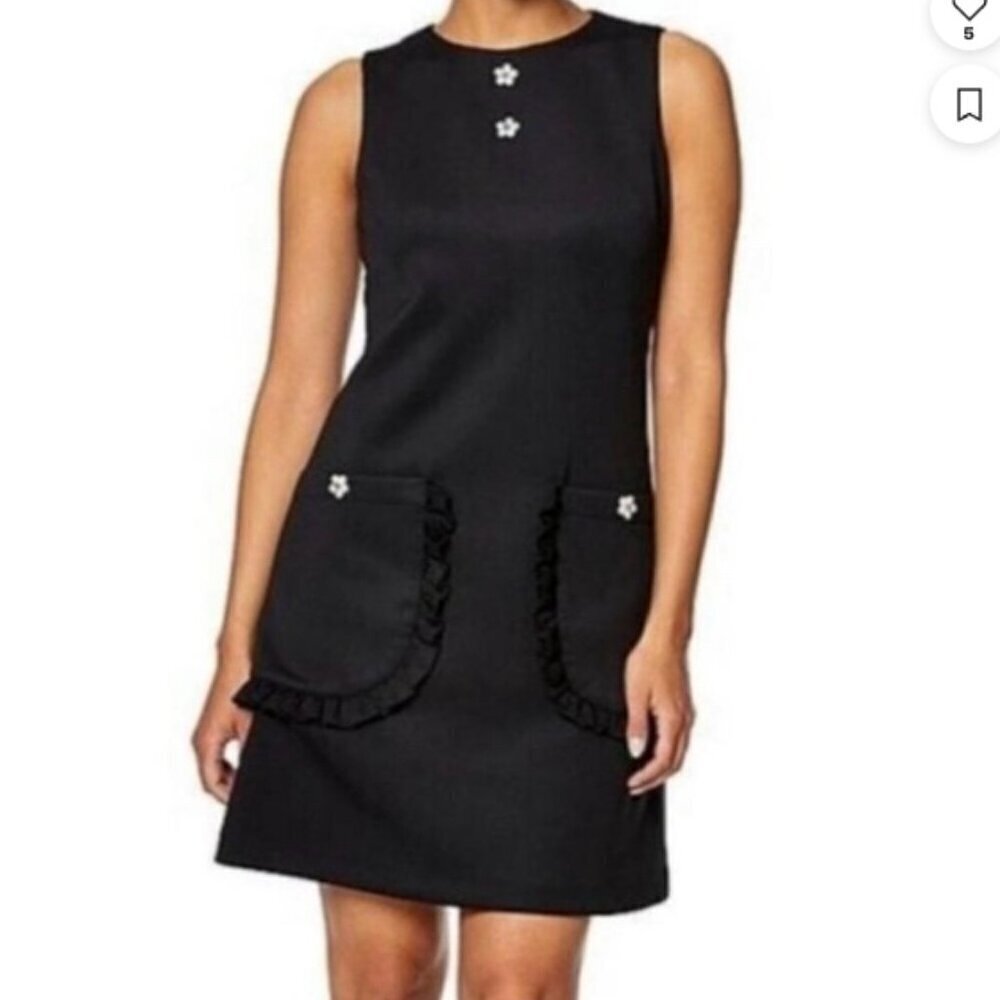Betsey Johnson Black Shift Dress Daisy Buttons Mod Shift Fit Stretch Size 4